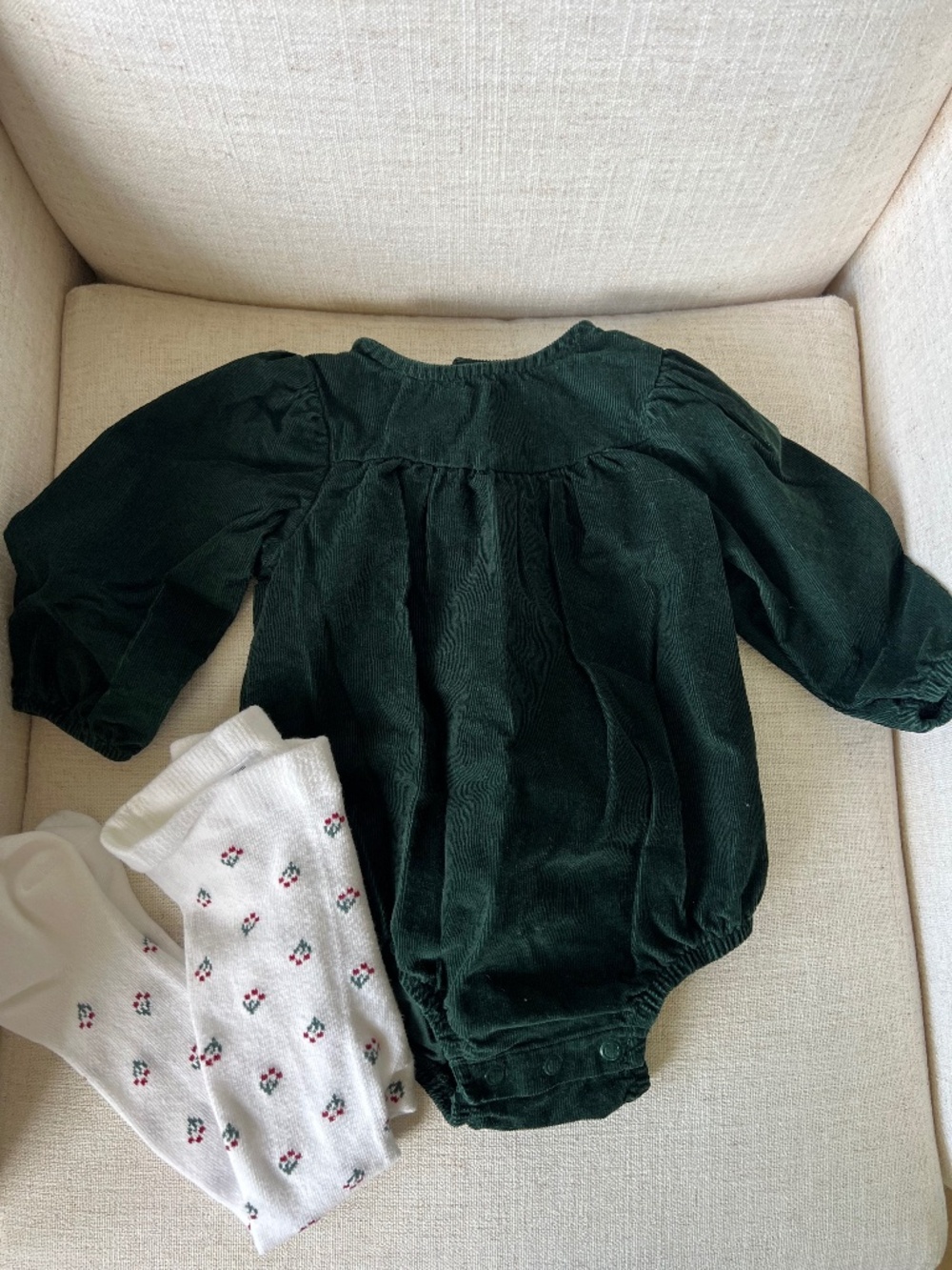 Carters Velvet holiday bubble romper with mistletoe tights